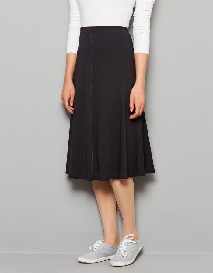 Aline Seamed Lightweight Jersey Skirt with Covered Elastic Waistband Black