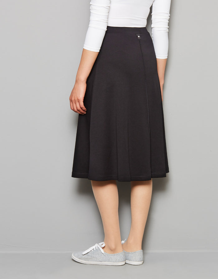 Aline Seamed Lightweight Jersey Skirt with Covered Elastic Waistband Black