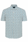 Short-sleeve shirt with a blue and green pattern on a white background