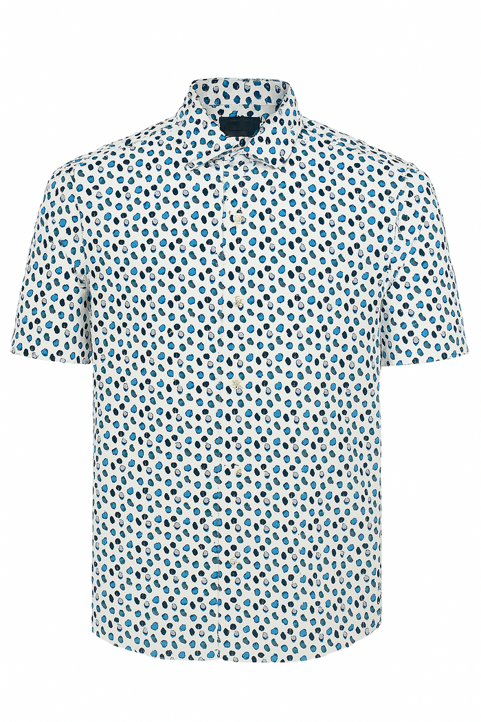 Short-sleeve shirt with a blue and green pattern on a white background