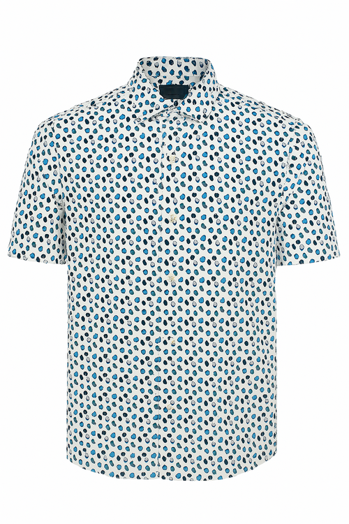 Short-sleeve shirt with a blue and green pattern on a white background