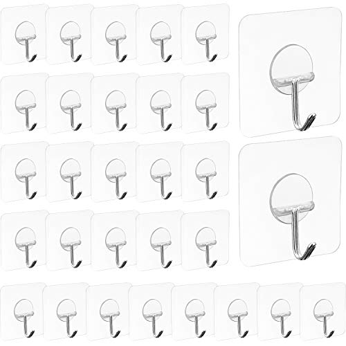 30 Packs Adhesive Hooks Wall Hooks Strong Adhesive Hooks 30 lbs/ 15 kg Seamless Transparent Hooks for Towel Loofah Bathrobe Coats Ceiling Hanger, Waterproof Hooks