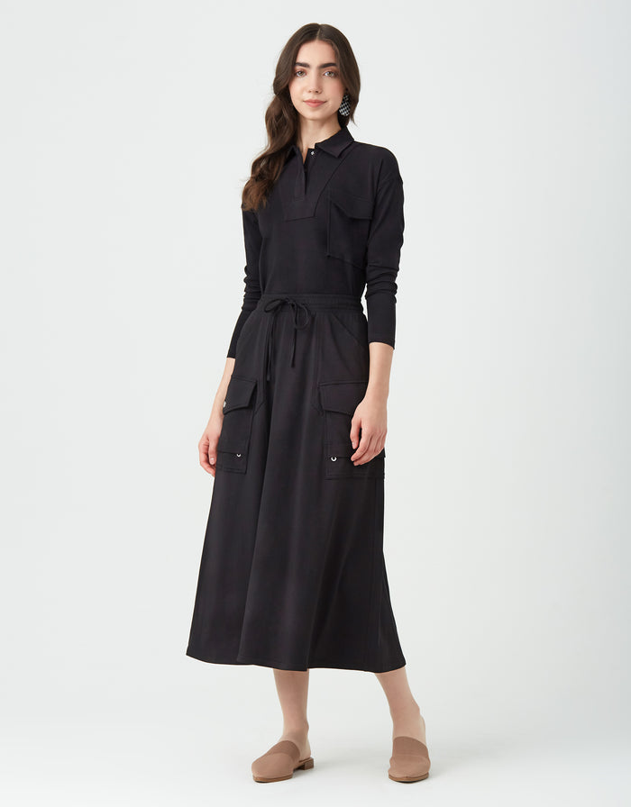 Jersey Multi Pocket Aline Skirt with Drawstring Waist Black