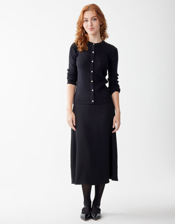 Lined Wool Blend Skirt with Side Zipper worn with Black Button Down Ribbed Cardigan