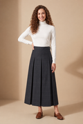 Grey plaid belted pleated maxi skirt, high waist with waistband and pleated skirt