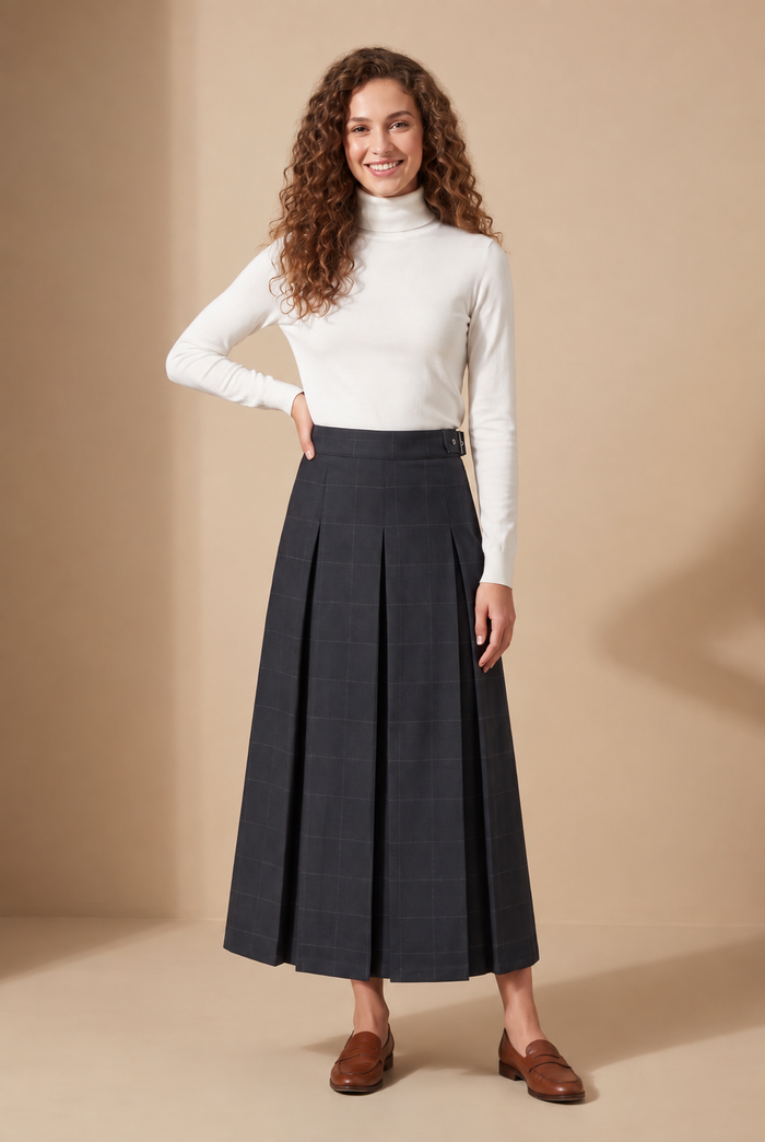 Grey plaid belted pleated maxi skirt, high waist with waistband and pleated skirt