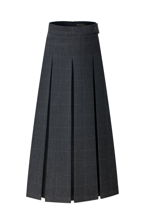 Dark grey plaid pleated maxi skirt with belt at waistband, front pleat detail