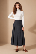 Navy plaid belted pleated maxi skirt with wide waistband and long pleats