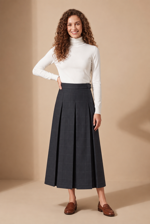 Navy plaid belted pleated maxi skirt with wide waistband and long pleats
