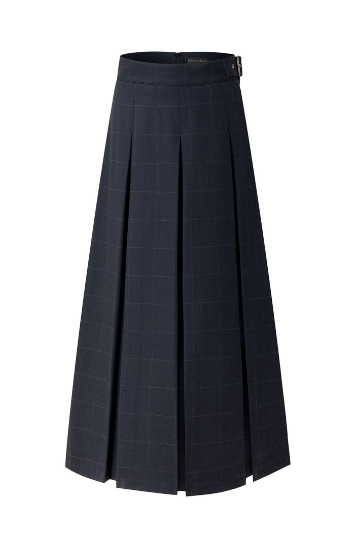 Navy plaid pleated maxi skirt with belt loops and center front seam