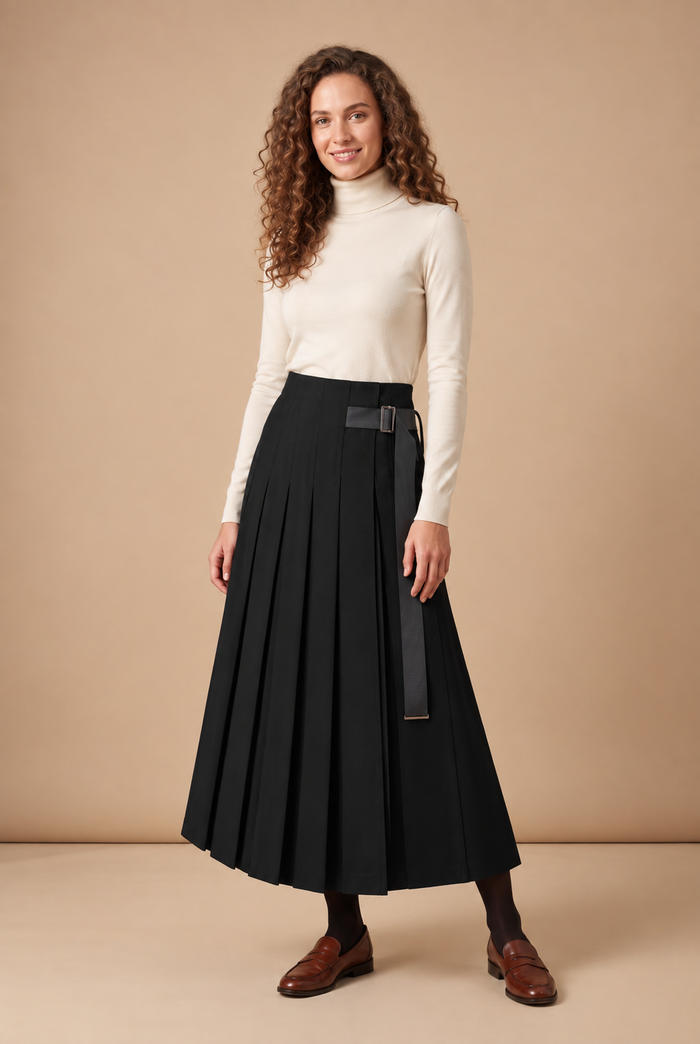 Black belted pleated maxi skirt with wide waistband and center front pleats