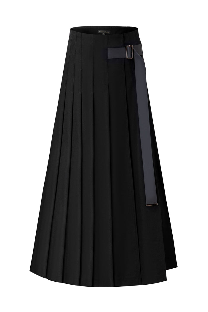 Black belted pleated maxi skirt with wide waistband and vertical pleat panels