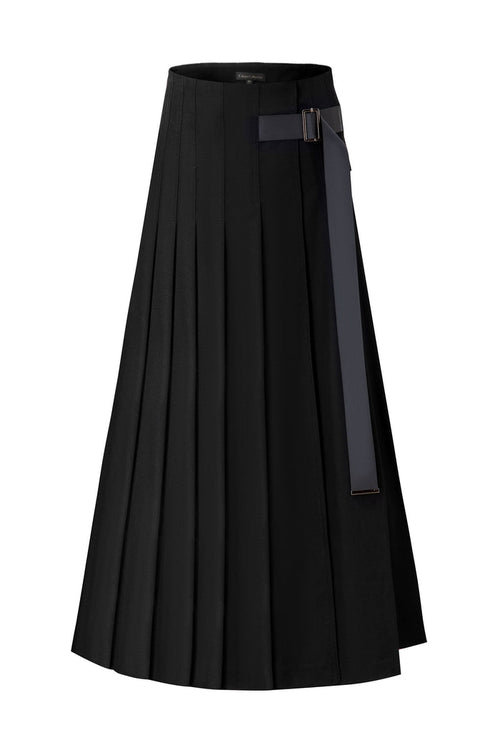 Black belted pleated maxi skirt with wide waistband and vertical pleat panels