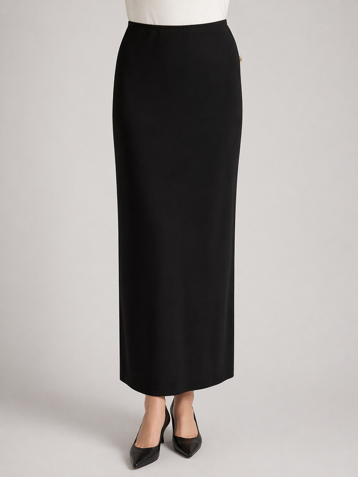 Black midi length elastic waist pencil skirt.