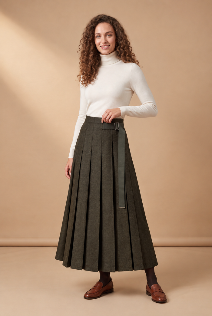 Dark green belted pleated maxi skirt with front waistband and side buckle detail