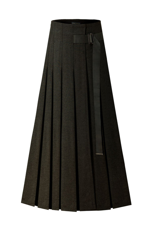 Dark green pleated maxi skirt with wide waistband and attached belt tab