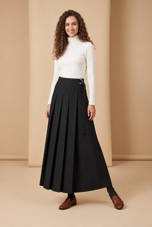 Black pleated maxi skirt with D-ring belt at the waist
