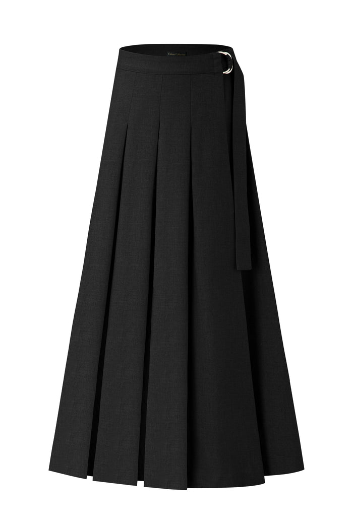 Black pleated A-line maxi skirt with D-ring belt detail