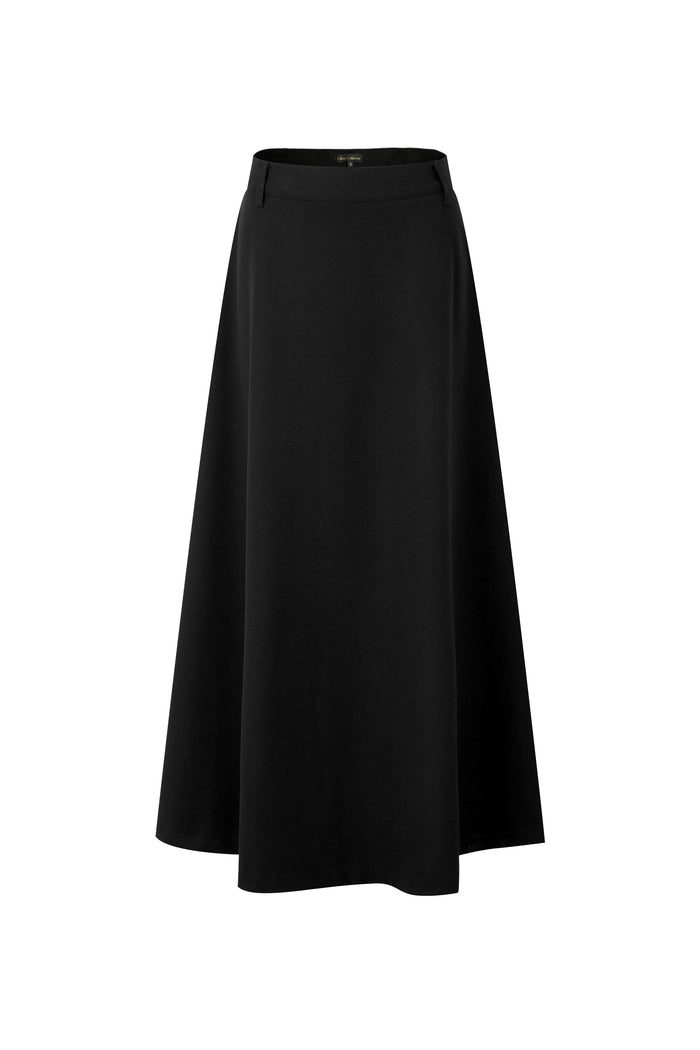 Black A-line maxi skirt, front view, wide waistband