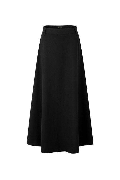Black A-line maxi skirt, front view, wide waistband
