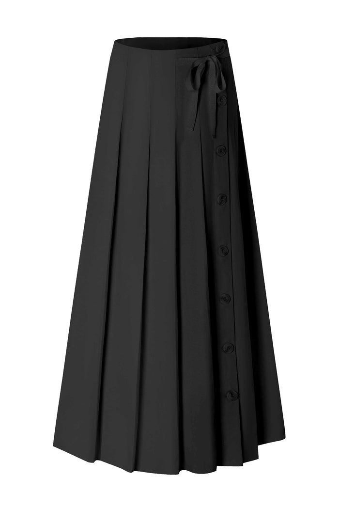 Black pinstripe pleated maxi skirt with button detail and gathered waist