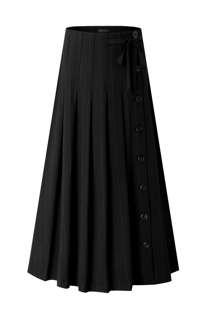 Black pinstripe pleated maxi skirt with button front and bow-tie waist