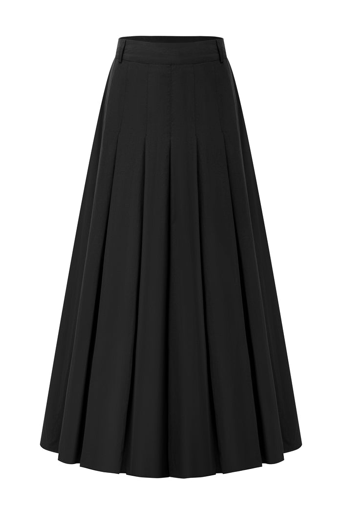Black Pleated A-Line Midi Skirt