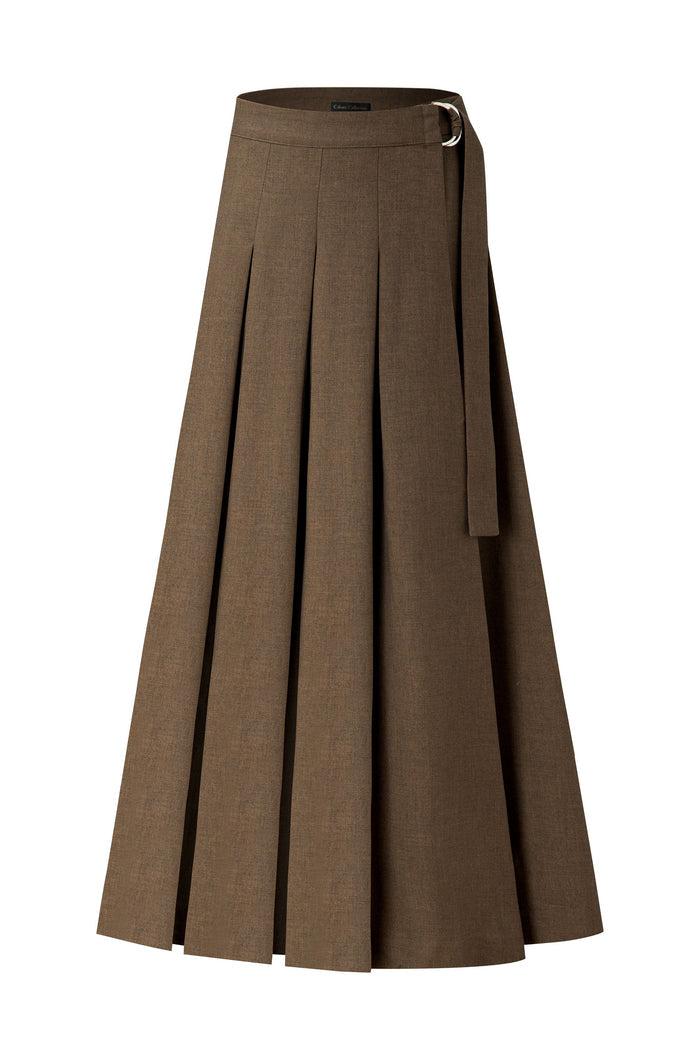 Brown pleated maxi skirt with D-ring belt and tied sash
