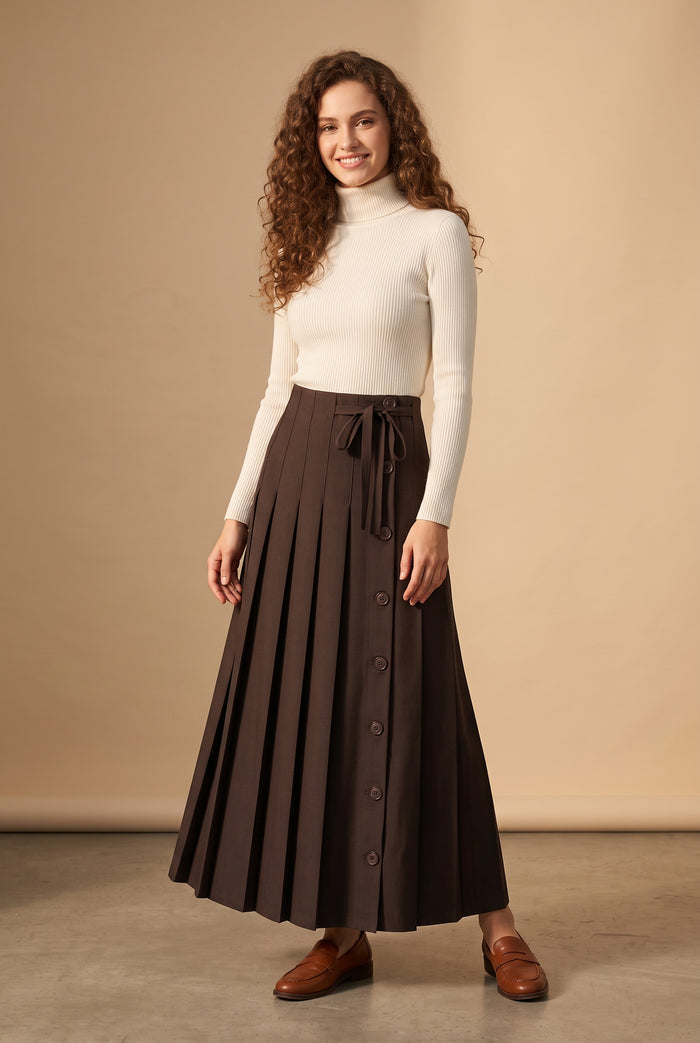 Dark brown pleated maxi skirt with button placket and side bow tie