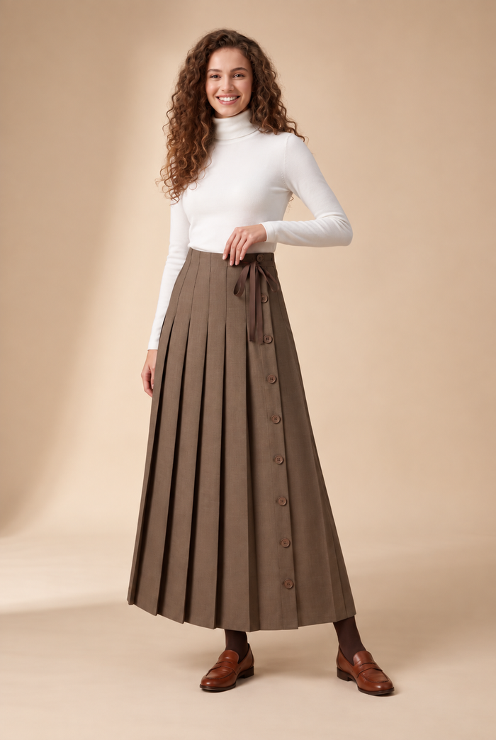 Brown pinstripe pleated maxi skirt with front buttons and waist bow tie