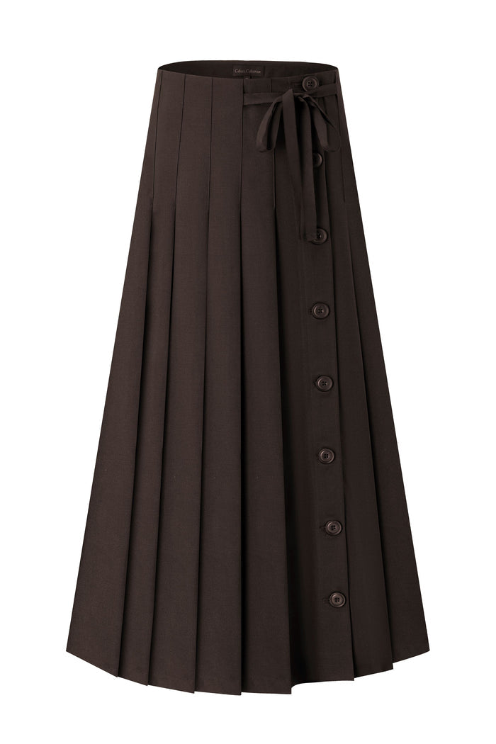 Dark brown pleated maxi skirt, bow-tie waistband and front button detail