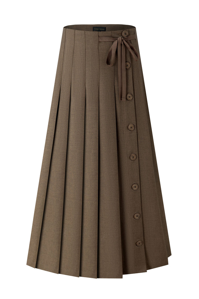 Brown pinstripe pleated maxi skirt with button-front and bow waist tie