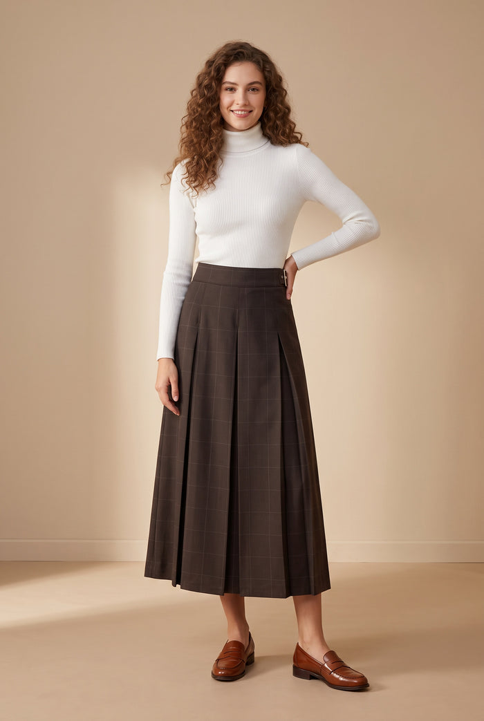 Brown plaid belted pleated maxi skirt with structured waistband and pleated panels