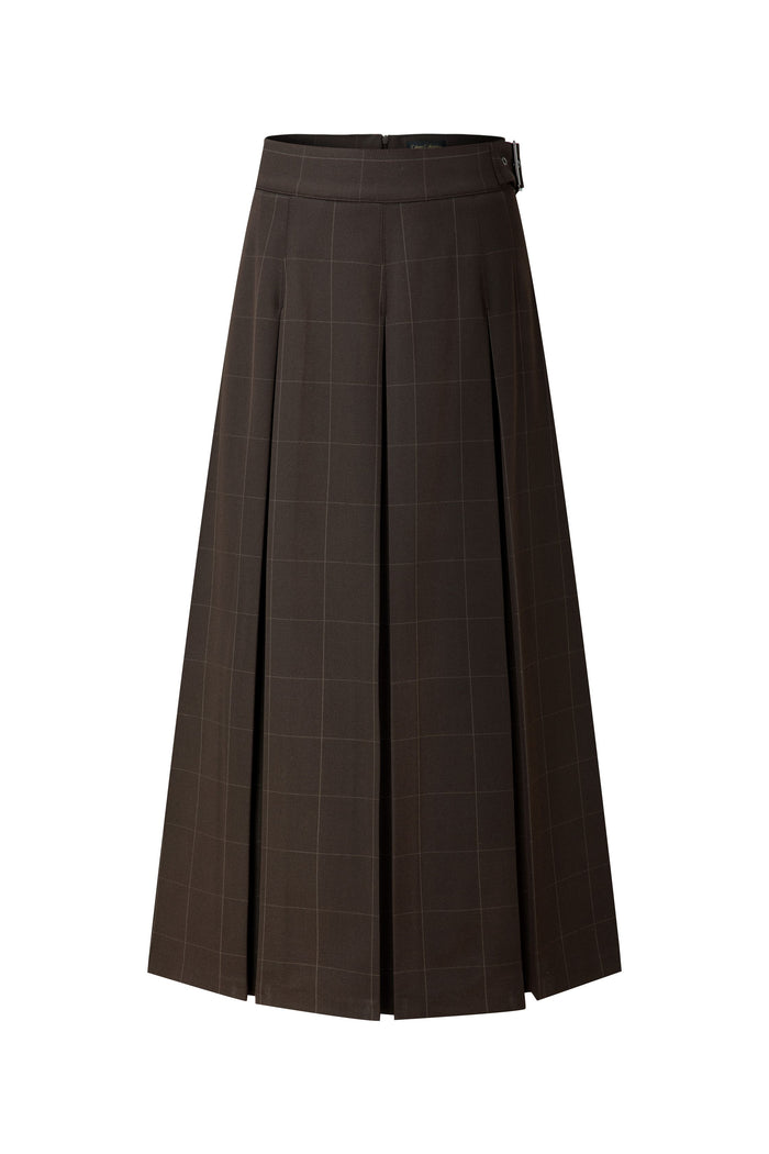 Dark brown plaid belted pleated maxi skirt with structured waistband and front pleats