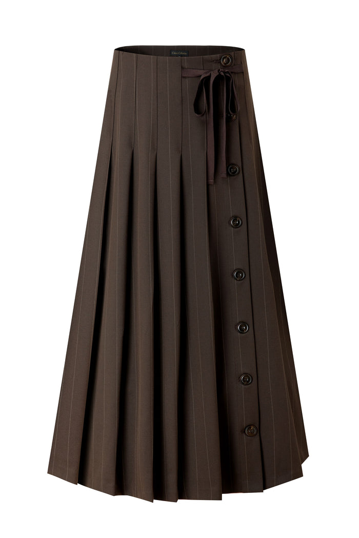 Dark brown pinstripe pleated maxi skirt with front button placket and tie belt