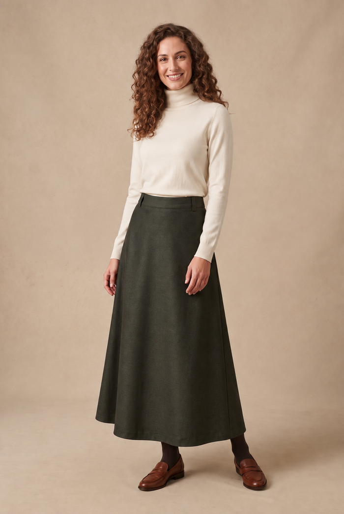 Dark green A-line maxi skirt, mid-to-full length flare from waist.
