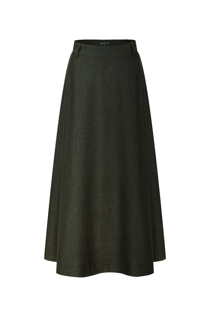 Dark green A-line maxi skirt, front view, full-length flare from waistband.