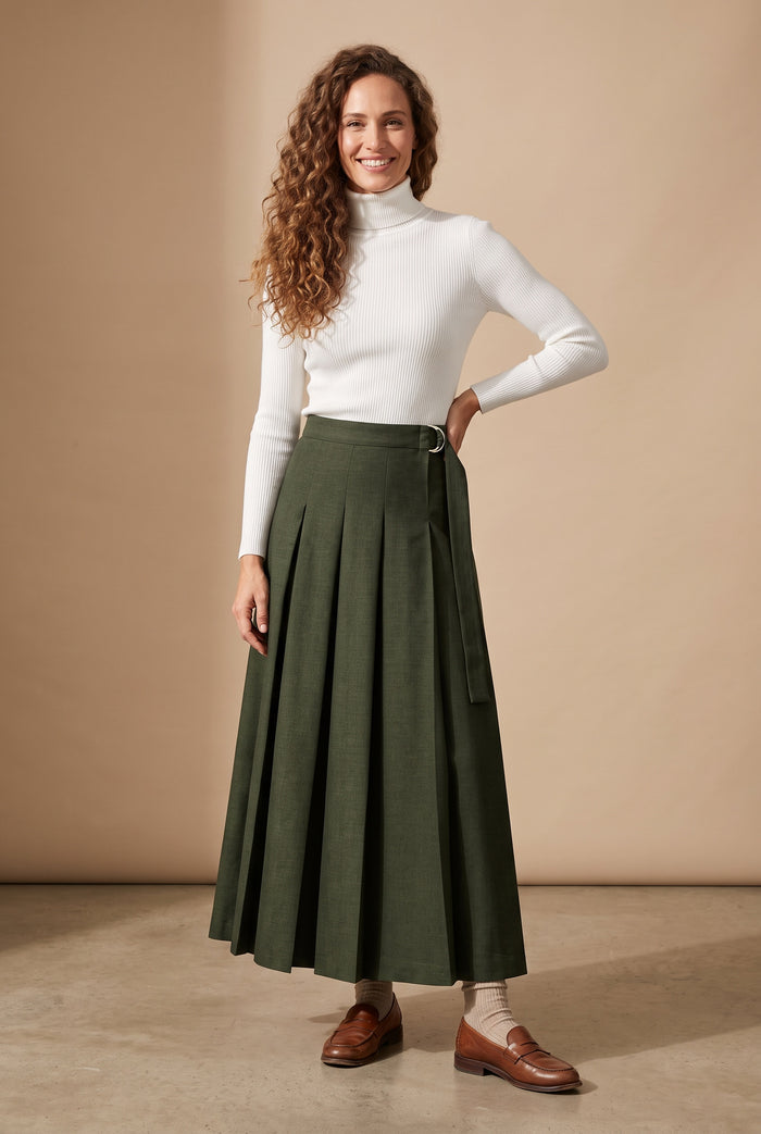 Green pleated maxi skirt with D-ring belt detail, front pleats and full length