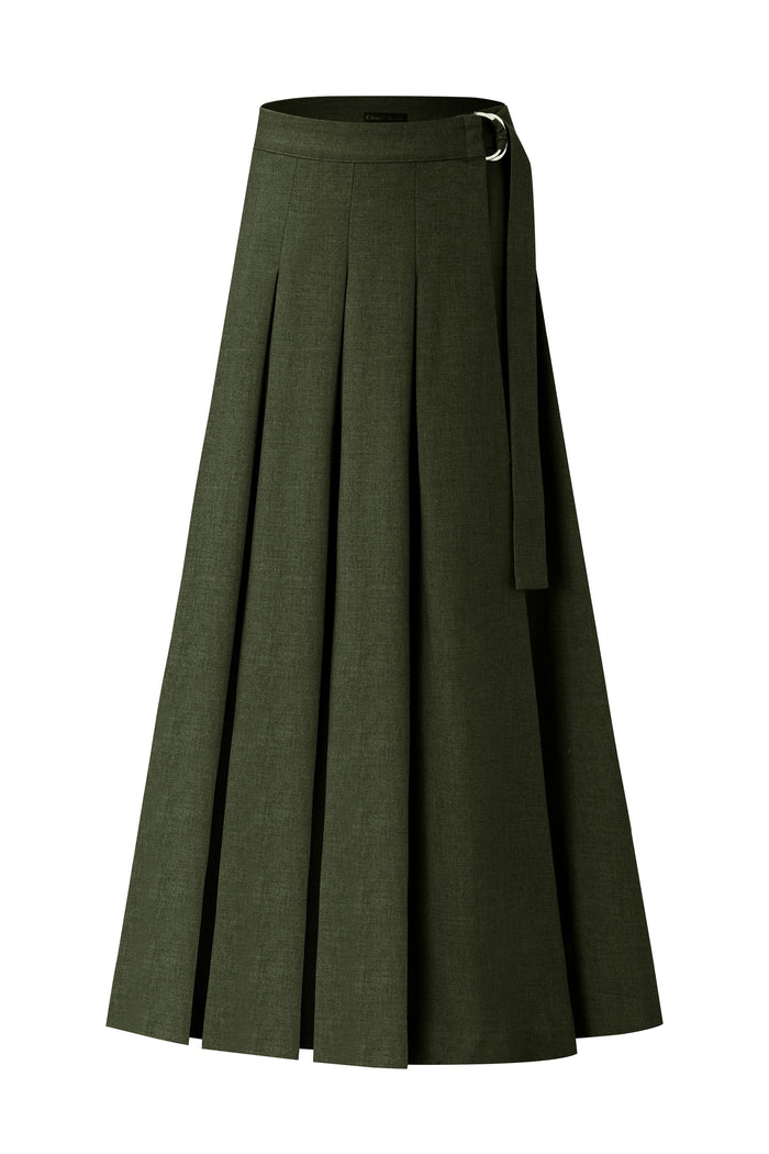 Green pleated maxi skirt with D-ring belt and structured waistband