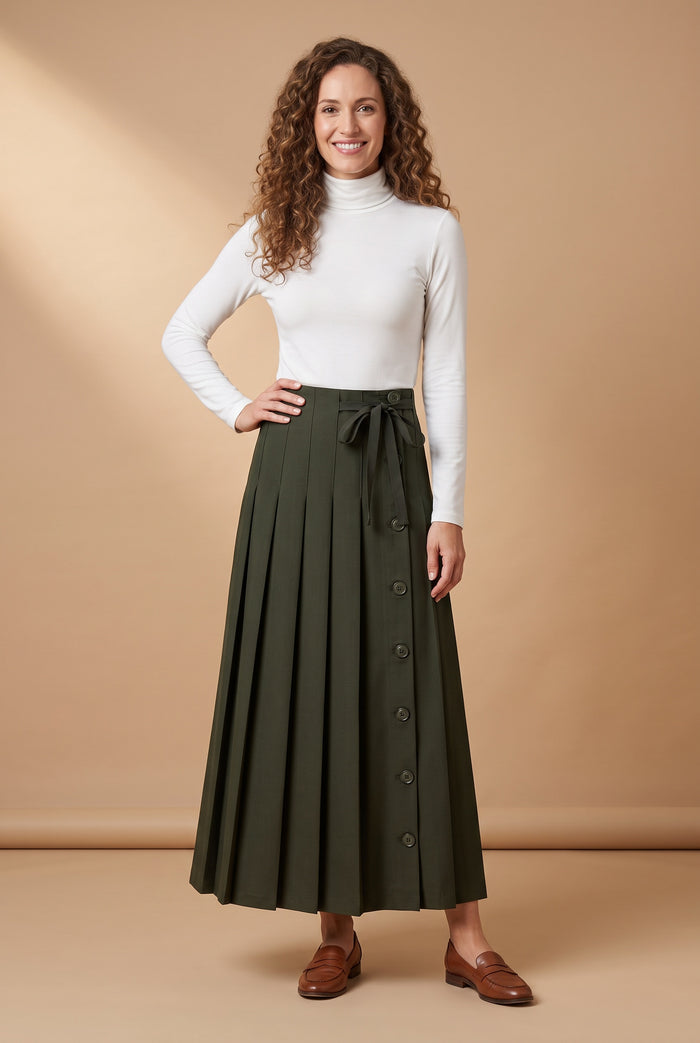 Dark green pleated maxi skirt with bow waist tie and front buttons, full length