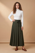 Dark green pleated maxi skirt with bow waist tie and front buttons, full length