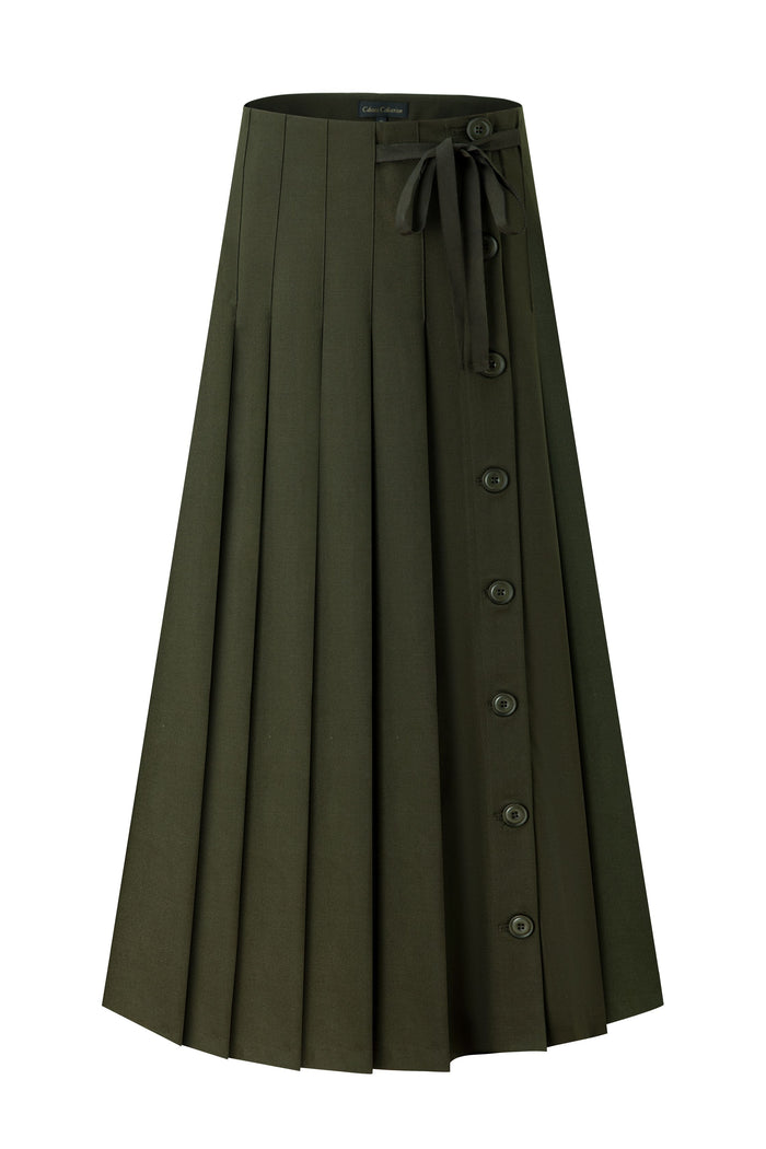 Dark green pleated maxi skirt with button front and waist tie detail