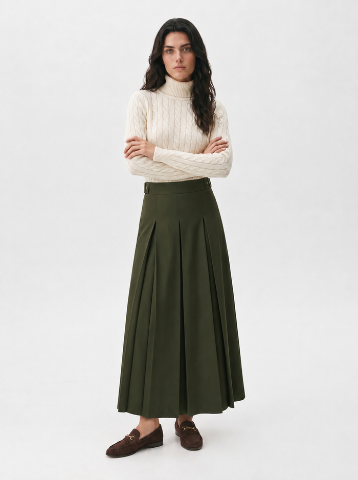 Olive green belted pleated maxi skirt with front pleats and back closure