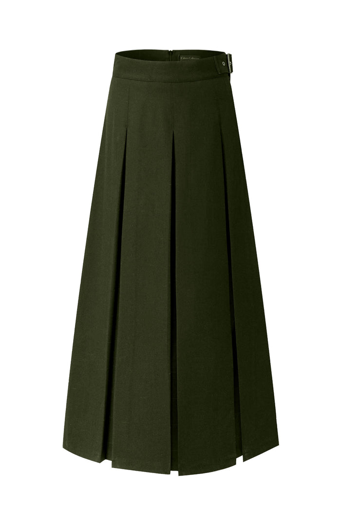 Olive green pleated maxi skirt with belt loops and center front seam