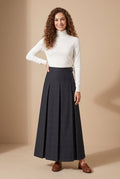 Grey plaid belted pleated maxi skirt, dark charcoal tone, pleated A-line