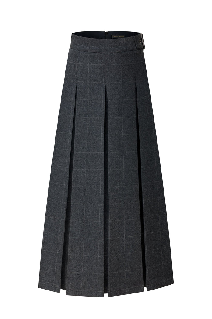 Dark grey plaid maxi skirt with wide belt, structured pleats and front crease