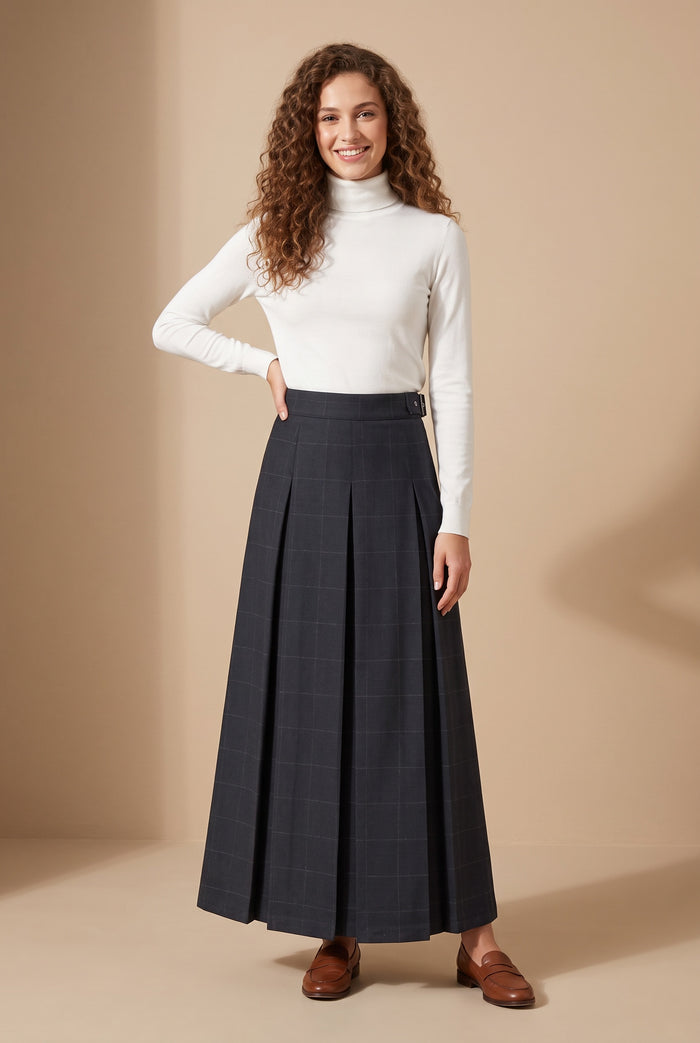 Dark navy plaid belted pleated maxi skirt with wide waistband and center pleat