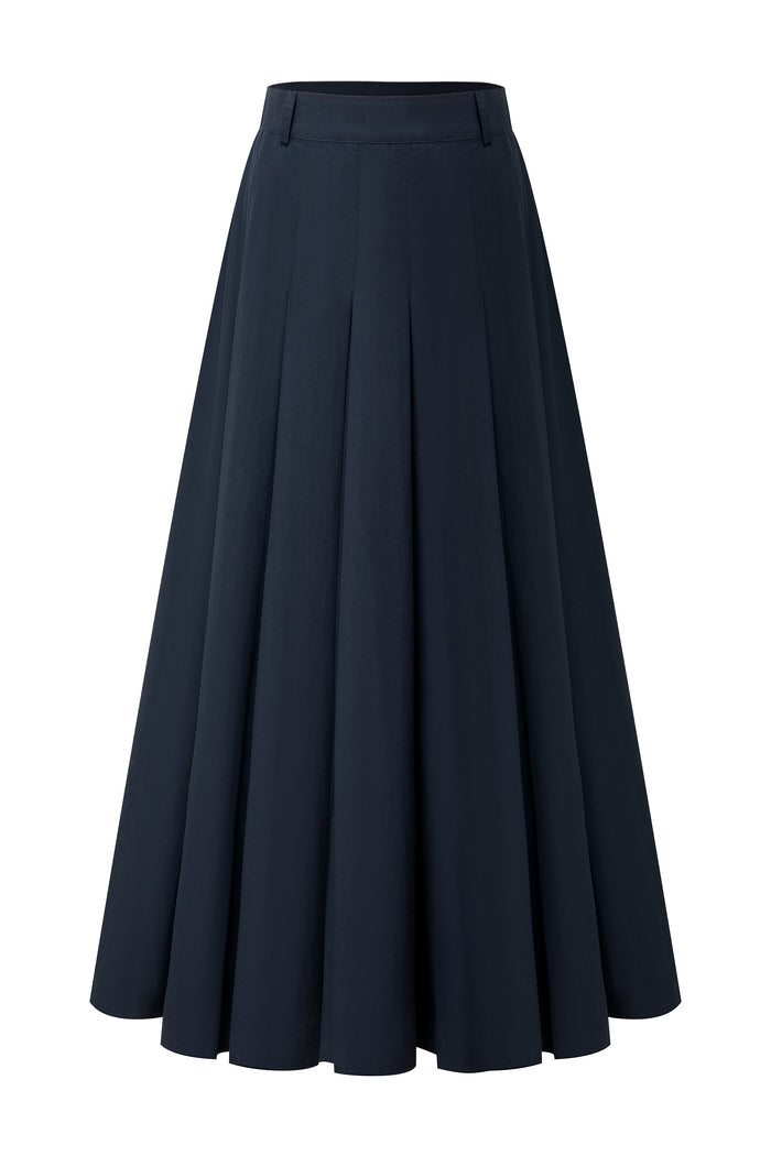 Navy Pleated A-Line Midi Skirt
