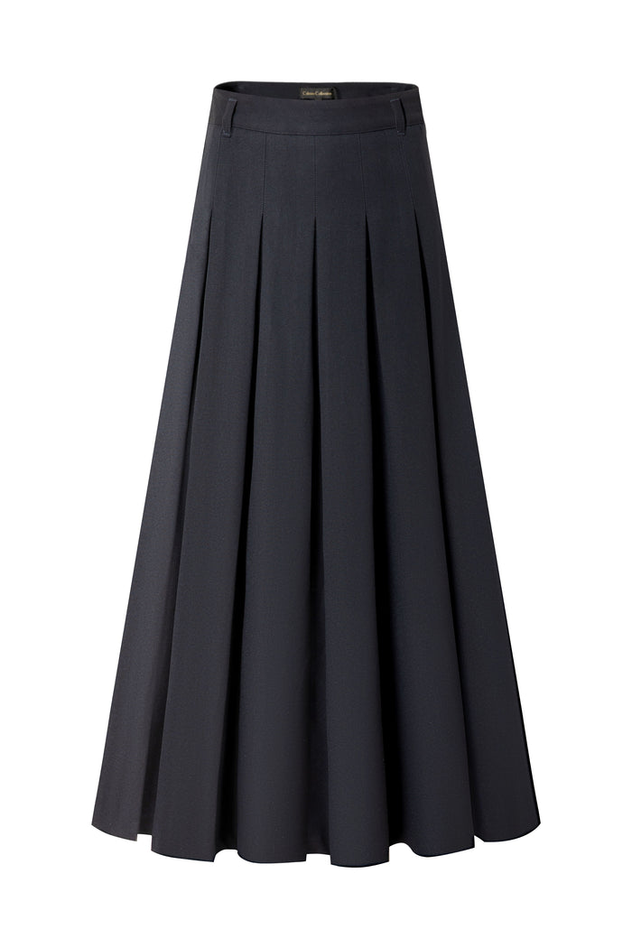 Navy Pleated Midi Skirt With Belt Loops