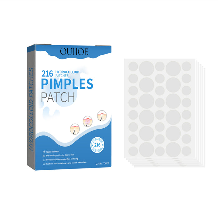 Recommandé pour la peau acnéique, patch de réparation pour acné de marque non spécifiée, montrant des patchs transparents sur la peau.